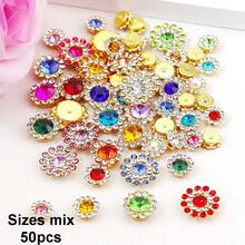 50 piezas/paquete, 8mm, 10mm, 12mm, 14mm, modelos mixtos, brillantes cristales de rhinestones con diseño de flor, base dorada, cristales de rhinestones brillantes adhesivos planos DIY para coser - multicolor - Ver 78