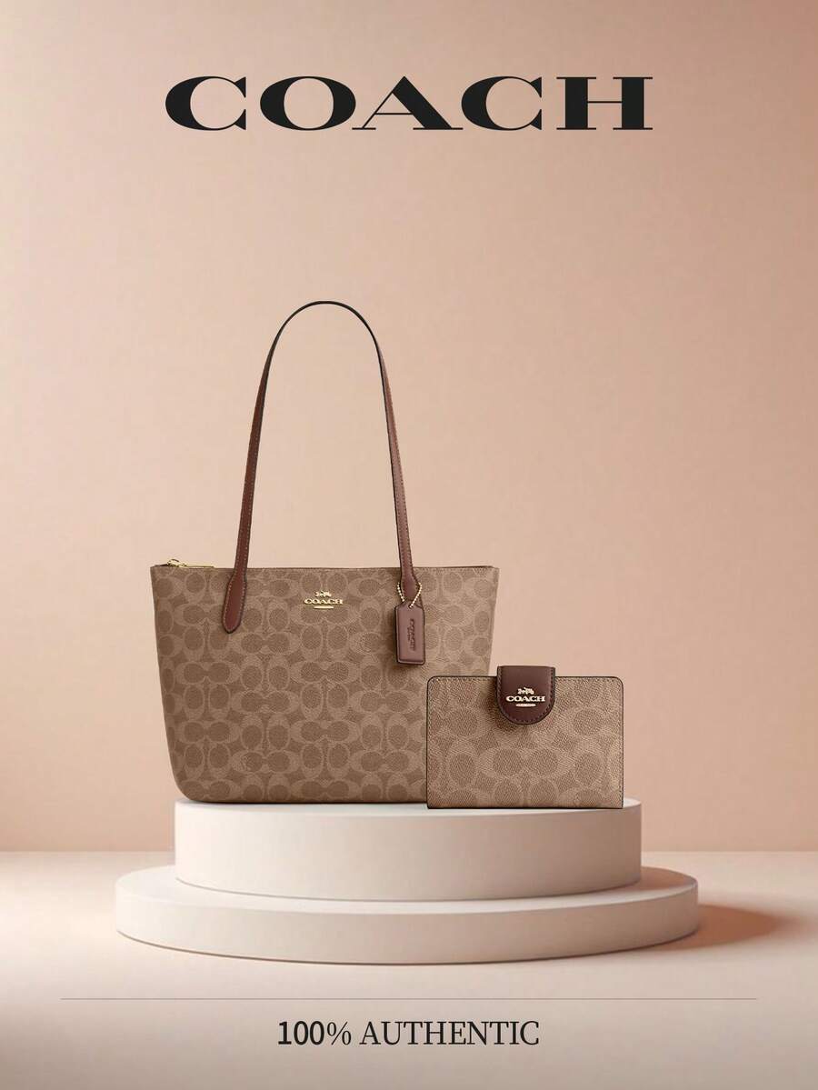 City Tote Bag In Signature Canvas Bags For Women COACH Shoulder Tote Bag Leather Printed Tote Bag Casual Bag For Daily,Shopping,Work,Travel And School,Gift For Christmas,Birthday,Valentine's Day,Anniversary,Gift For Her CBT18 - Brwon Set 3 - 查看 1