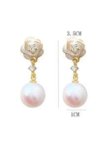 一对山茶花珍珠花卉设计简约优雅百搭耳环 - 白色 - 查看 5