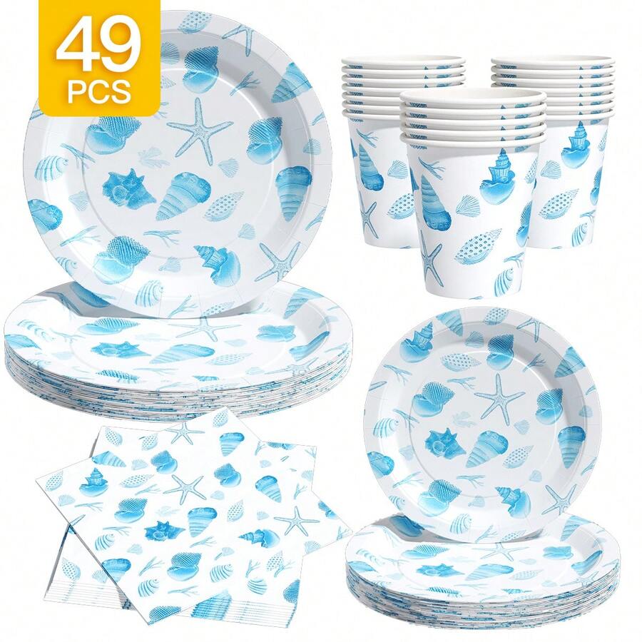 1 Juego de platos, servilletas y vasos desechables con diseño de conchas de mar en color azul claro, sirve para 8 invitados, adecuado para cumpleaños, bodas, fiestas y picnics familiares - Multicolor - Ver 1