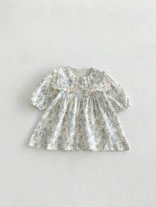 Miniweenns 1pc Baby Girls' Outdoor Casual Ditsy Floral Long Sleeve Loose Fit Dress, Princess Style, Spring/Autumn - Baby Blue - View 15