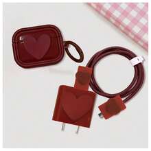 5件套酒红色心形保护壳 适用于Apple 18-20W充电器、数据线保护套