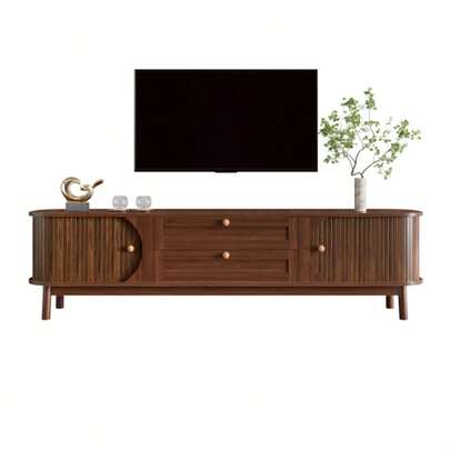 TV Stand – Natural Wood TV Stand With Doors And Drawers. TV Unit With Rattan Sides. Storage Solution, Natural Country Style.