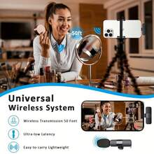 Micrófono inalámbrico para smartphones con USB-C | Adecuado para entrevistas de video, podcasts, vlogs, grabación con un solo clic, interfaz USB tipo C, batería de polímero de litio recargable - Negro - Ver 6