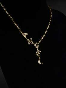 1pc Personalized Nameplate Necklace, Can Customize 1-12 Letter Name, Standard Y-Shape Nameplate Necklace, Enhance Personal Style Jewelry Gift, Gold-Plated Name Necklace - Hollow Font - View 5