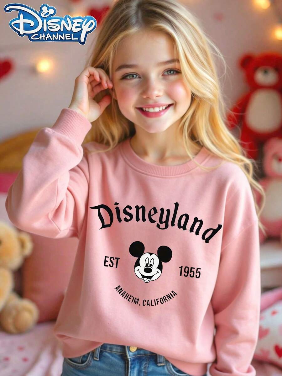 Officially Authorized By Disney, "Disneyland EST 1955" Pattern, Girls' Round-Neck Hoodie, Comfortable Material, Bright Color, Suitable For Autumn And Winter, Outdoor Sports - Hồng - Xem 1