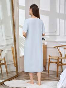 Women's Fashion V-Neck Sleepwear, New Summer Short Sleeve Sweet Casual Homewear - Blue - View 2