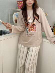 2pcs/Set Women's Cotton Long Sleeve Pajamas, Puppy Print, Soft & Breathable Sleepwear Set, Spring/Autumn - Apricot - View 7