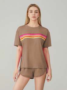 2 Piece Lounge Sets For Women Summer Rainbow Striped Tops Casual Shorts Color Blocked Suit Sweatshirts Set - Nâu nhạt - Xem 2