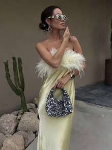 Elegant Strapless Satin Dress Women's Slim-Fit Maxi With Fluffy Feather Patchwork - Màu vàng - Xem 3
