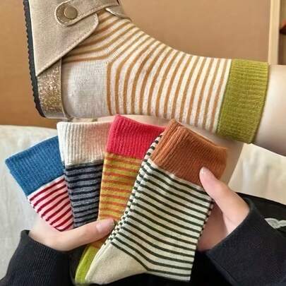 5双女士复古条纹中筒袜，四季皆宜，户外休闲运动长袜，礼品装