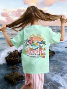 1pc Tropical Print Pullover Short Sleeve T-Shirt For Tween Girls, Comfortable & Fashionable Summer Top For Young Students - Mint Green - View 2