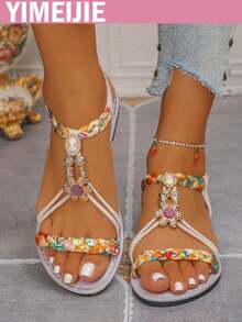 Dép xăng đan đế bằng thời trang mới cho nữ, dép đi biển, dép xăng đan đế bằng vải đính hạt phong cách Bohemian, dép đi biển cho nữ, mùa xuân/hè. - Xám - Xem 3