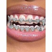 Spring Accessories, Bunny & Egg Gifts, Easter 2Pcs/Set Hip-Hop Hollow Out Heart Grillz With CZ Diamonds, Gold Double Tooth Cap Set For Men And Women, Daily Cool Streetwear Fashion, Perfect For Parties, Concerts, Music Videos And Photoshoots, High-Shine Smooth Gold Finish,  Easy Fit - 銀 - 查看 2