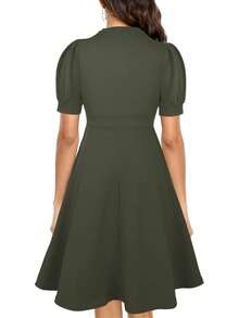 Womens Summer Short Puff Sleeve Casual Semi-Formal Fit And Flare Church Wedding Guest Work Dresses With Pockets - 0 軍綠色 - 查看 2