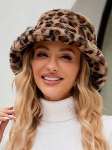 1 pieza Sombrero de cubo con estampado de leopardo de estilo callejero, invierno - estampado de leopardo - Ver 3