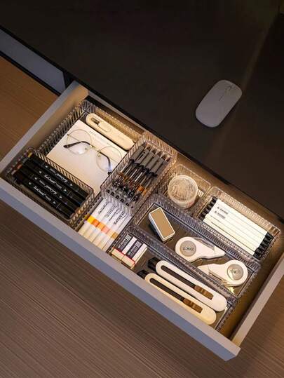 1/7 piezas Juego de cajas de almacenamiento de maquillaje - Varios tamaños, adecuado para tocador y cómoda, excelente para almacenar cosméticos y cuidado de la piel, organizadores de cajones de plástico apilables - Bandejas de maquillaje ajustables, cajas de almacenamiento de papelería modulares