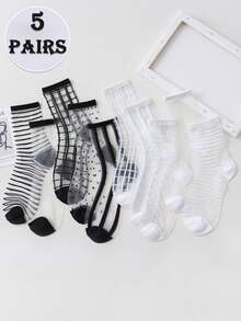 5双装（随机款式）女士时尚黑白波点条纹透明网眼中筒袜，轻薄透气，适合春夏日常穿着 - 黑與白 - 查看 9