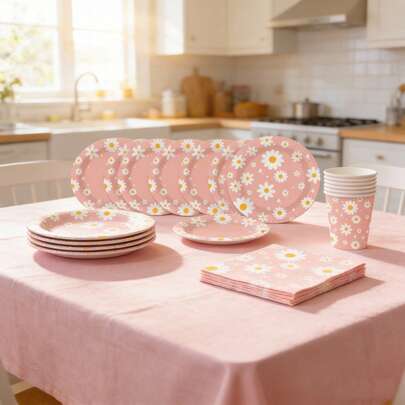 雏菊夏季户外一次性餐具套装，包括纸盘、纸杯和纸巾，非常适合家庭和朋友聚会、餐桌装饰以及带有鲜花的节日派对装饰，适合夏季、春季和生日等场合。