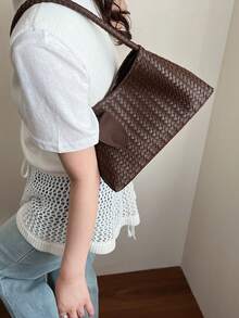 韩版腋下包套装，复古编织图案单肩包和休闲手提包，2件套 - 彩色 - 查看 2