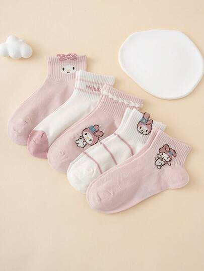 Sanrio 5双装三丽鸥系列旋律条纹字母卡通船袜，透气运动袜，四季皆宜，欧美尺码，舒适耐穿，色彩鲜艳，适合日常穿着，优质面料，透气不闷汗