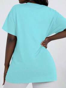 Women's Round Neck Short Sleeve Oversize Fit T-Shirt For Spring/Summer-Unisex Loose - Fit Comfortable Vintage Street - Style Cotton T - Shirt Top-Summer Casual Vintage Cotton Printed T-Shirts For Couples - 淺藍色 - 查看 2