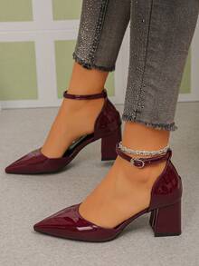 女士纯色西部风格优雅性感搭扣尖头粗跟办公凉鞋 - 酒紅色 - 查看 2