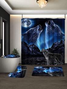 1/4pcs Wolf Pattern Shower Curtain Set, Waterproof Shower Curtain With 12 Hooks, Non-Slip Bath Rug, Toilet U-Shape Mat, Toilet Lid Cover Pad, Bathroom Partition, Bathroom Accessories - Multicolor - View 6
