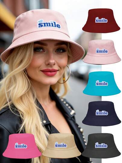 1 st. Bokstaven "Leende" Bucket Hat för kvinnor Fiskarhattar Solskyddsmedel Vindtät och Varm Lämplig för dagligt bruk