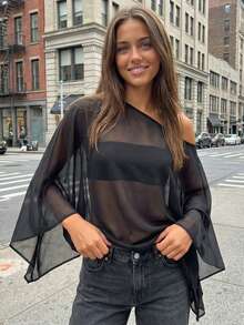 Black Sheer Asymmetrical Poncho For Women Solid Color Off Shoulder Blouse Elegant Loose Tops For Evening Party - màu đen - Xem 3