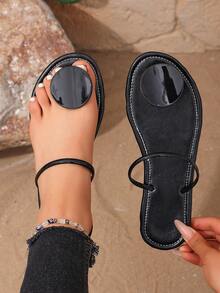 SHEIN TRVLCHIC 2025 New Fashion Shiny Round Buckle High Gloss Semi-Circle Strap Women Comfortable Stylish Sandals - Black - View 6