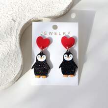 1 Pair Sparkling Red Heart & Penguin Acrylic Dangle Earrings For Women, Pure Love Ceramic Texture Cute & Elegant, Suitable For Daily, Party, Holiday, Gift - Y1132 - View 2