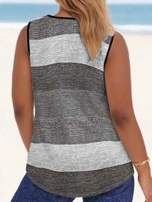 Plus Size Women Elegant Sleeveless Patchwork Color Tank Top, Front Ruched Crafted Top Casual Vacation Summer - Grey - View 2