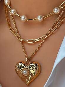 2件套时尚项链，优雅女士爱心吊坠仿珍珠串珠多层项链，派对宴会珠宝配饰 - 項鍊 - 查看 1