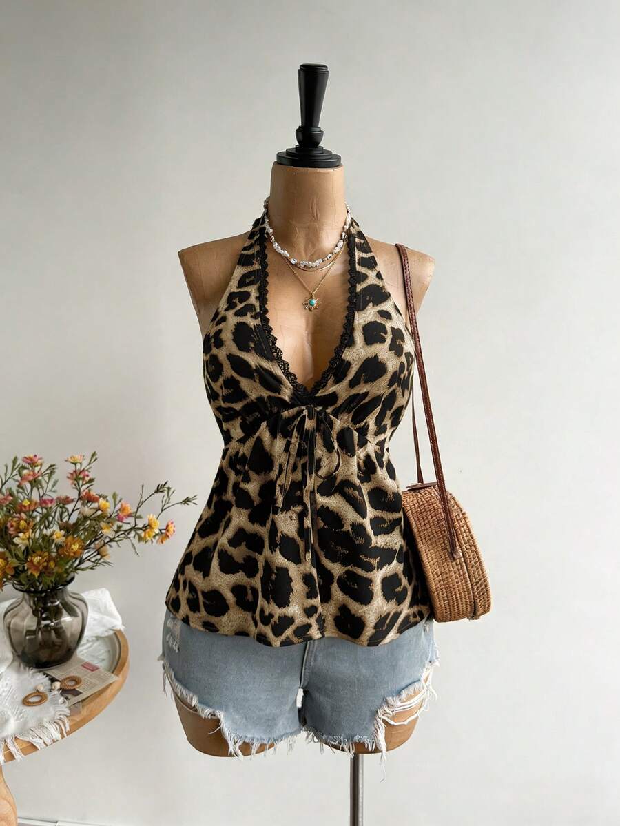 Women's V-Neck Backless Camisole, Casual Leopard Print Vacation Top, Bohemian Style, Suitable For Music Festivals - Brown - View 1
