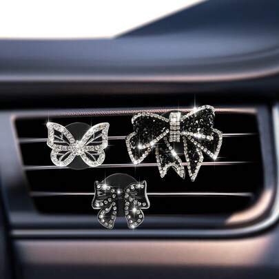 3件套闪亮水钻汽车出风口装饰精致蝴蝶结装饰夹汽车内饰配件内饰装饰通风口夹适用于汽车内饰装饰，营造清新氛围，最佳礼物