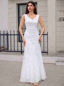 MIUSOL Đầm maxi dạ hội cổ tim, phối màu tương phản, đính sequin và ren lưới, dáng đuôi cá, thích hợp cho đám cưới, màu trắng, mùa xuân. - trắng - Xem 7