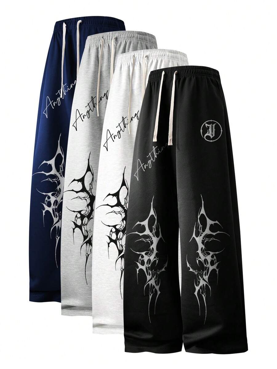 Men's Grey Oversized Wide Leg Sweatpants Black Graphic & 'Anything' Script Y2K Emo Streetwear Soft Drawstring Comfy Casual Everyday Wear Gifts For Him - Black - View 1
