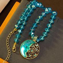 1件复古多层月亮脸、蜘蛛网、几何圆形吊坠优雅长项链，适合女性日常、派对、送礼、舞会配饰 - 藍色 - 查看 6