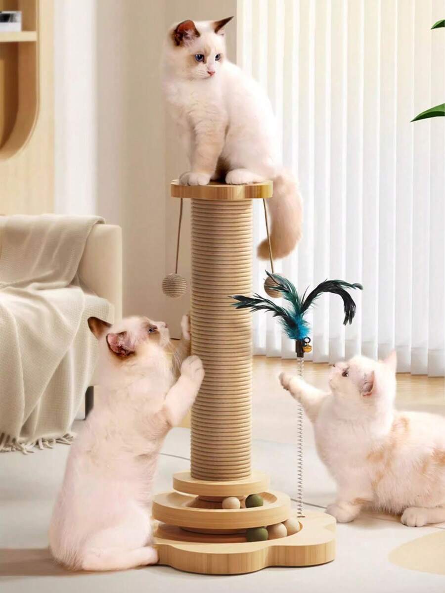 This Cat Scratching Post/Climbing Tower Features A Raised Design With Durable, Scratch-Resistant Sisal Rope Pads. It Also Includes A Built-In Teaser Wand And Cat, Perfectly Meeting Cats' Needs For Self-Soothing, Nail Scratching, And Entertainment. It Makes An Excellent Gift For Kittens. - 46cm Longer - View 1