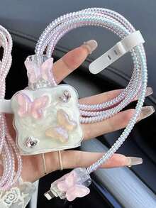 5pcs Transparent Glitter TPU Pink Bow Charger Cable Protector Case, Compatible With Apple 18W/20W Original Charger - Multicolor - View 5