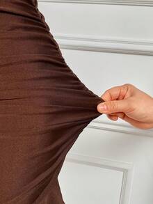 AIJ Amarilo Standard Brown Mock Neck One-Shoulder Ruffled Sexy Mini Dress – Women's New Spring Summer Sexy Style, Perfect For Parties, Dinners & Casual Outings - Brown - View 7