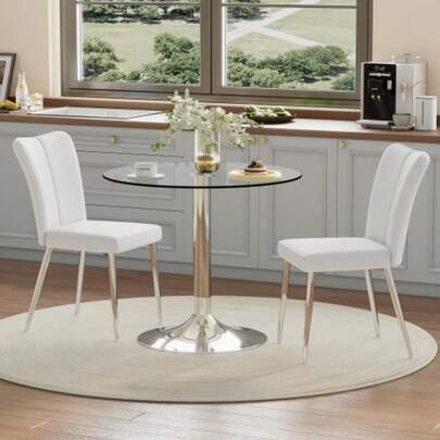 Esstisch-Set: Moderno e minimalista Esstisch aus Sicherheitsglas mit 85 cm Durchmesser, kombiniert mit 2 White PU-Esszimmerstühlen mit silberfarbenen Stützbeinen. Geeignet für Esszimmer, Küche.