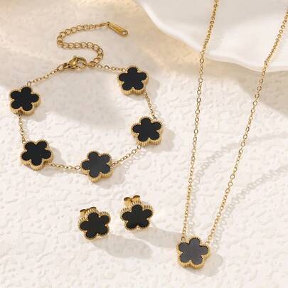 Conjunto de joyería de collar, pulsera y aretes con colgante de flor de 5 pétalos de acero inoxidable, accesorios de moda versátiles, mejor regalo para mujeres