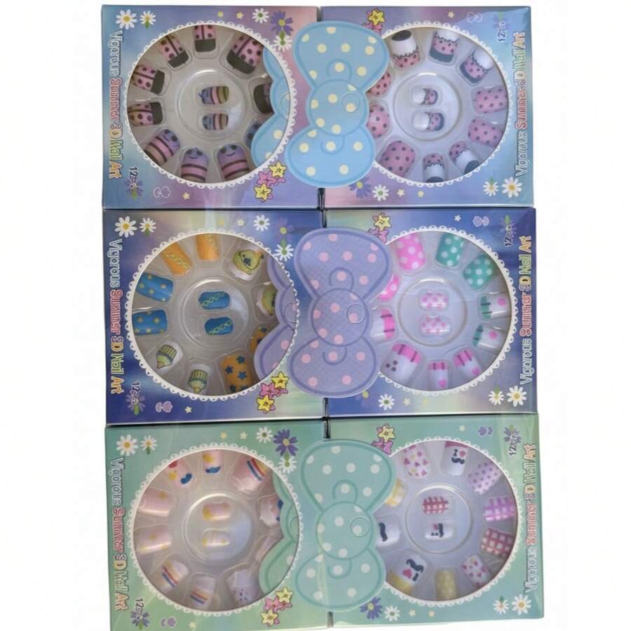 Set de 6 paquetes de 12 Uñas Postizas Infantiles de Colores, Diseños 3D de Animales, Frutas y Figuras Kawaii para Niñas, Kit de Manicura Divertida. - Multicolor - Ver 1