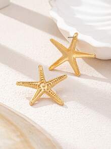 1 Pair Alloy Starfish Shaped Earrings, Suitable For Daily Commute, Beach Vacation, Party And Gathering - Yellow Gold - View 2