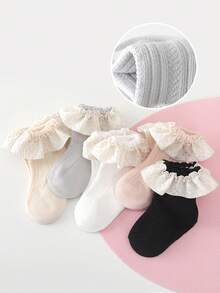 1 Pair Girls' Floral Lace Trim Princess Knee High Socks, Toddler Leg Warmers - Multicolor - View 4