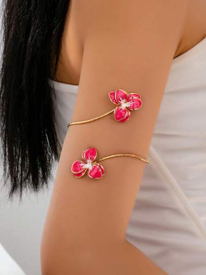 1 Pc Spring Summer Enameled Flower Decor Upper Arm Cuff Women Arm Band , Bicep Arm Bangle , Floral Body Jewelry