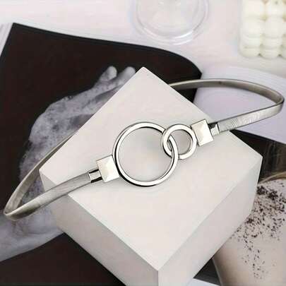 Casual Zinc Alloy Women's Simple Double Ring Elastic Adjustable Waist Belt, Versatile For Dresses, Sweaters, Coats, Daily Wear