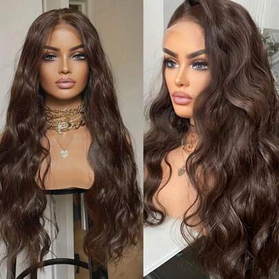 NATAN 13x4 自由分缝蕾丝前假发，自然棕色卷发，预拔发际线，合成前蕾丝假发，浅金色耐热纤维，适合女性日常佩戴，深波浪无胶假发，26英寸，180%密度，黑色头发